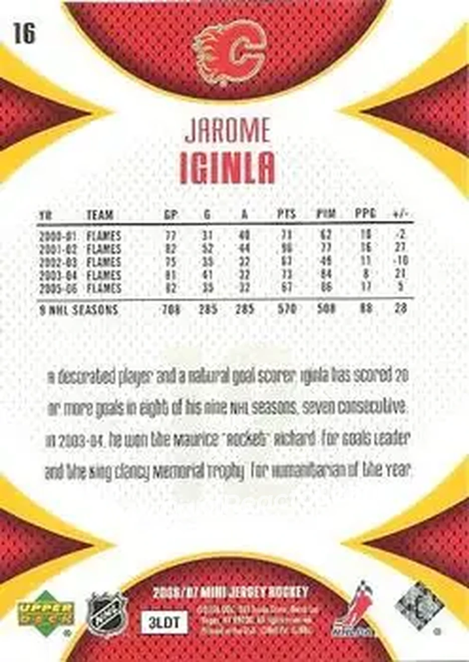 2006-07 Upper Deck Mini Jersey #16 - Jarome Iginla - Calgary Flames - Back 2006-07 Upper Deck Mini Jersey #16 - Jarome Iginla - Calgary Flames - Back