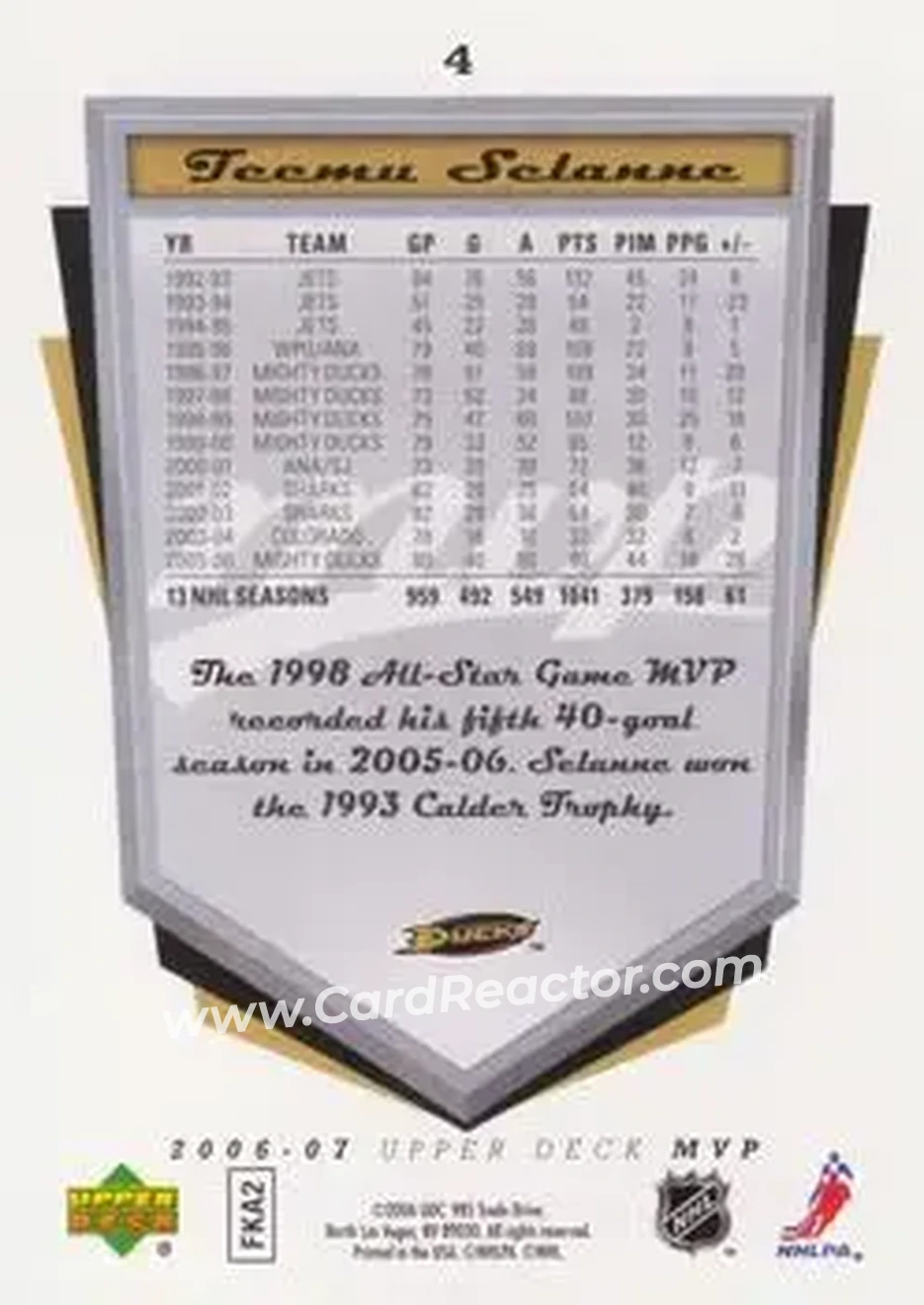 2006-07 Upper Deck MVP #4 - Teemu Selanne - Anaheim Ducks - Back 2006-07 Upper Deck MVP #4 - Teemu Selanne - Anaheim Ducks - Back