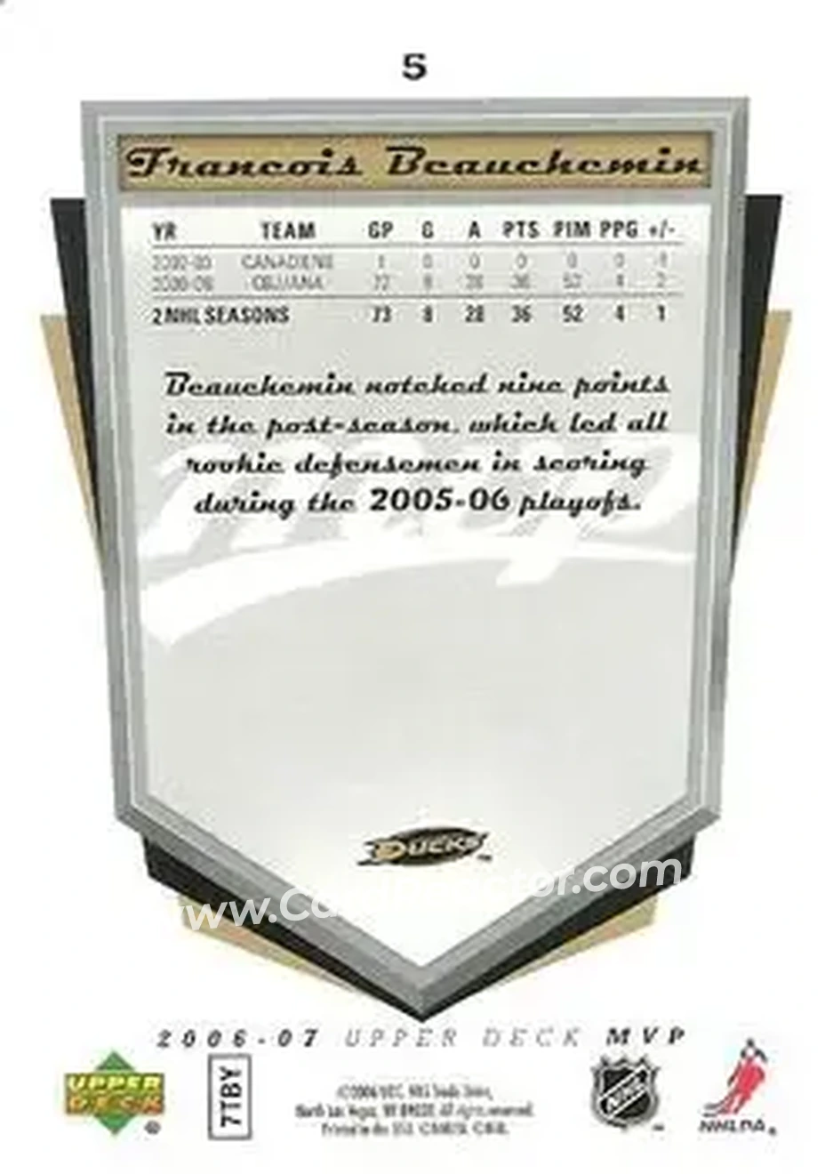 2006-07 Upper Deck MVP #5 - Francois Beauchemin - Anaheim Ducks - Back