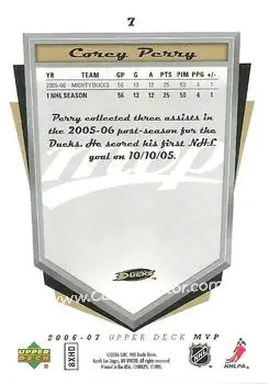 2006-07 Upper Deck MVP #7 - Corey Perry - Anaheim Ducks - Back