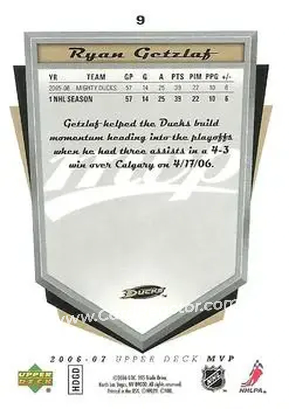 2006-07 Upper Deck MVP #9 - Ryan Getzlaf - Anaheim Ducks - Back