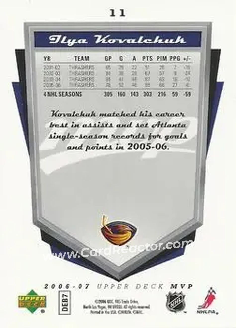 2006-07 Upper Deck MVP #11 - Ilya Kovalchuk - Atlanta Thrashers - Back