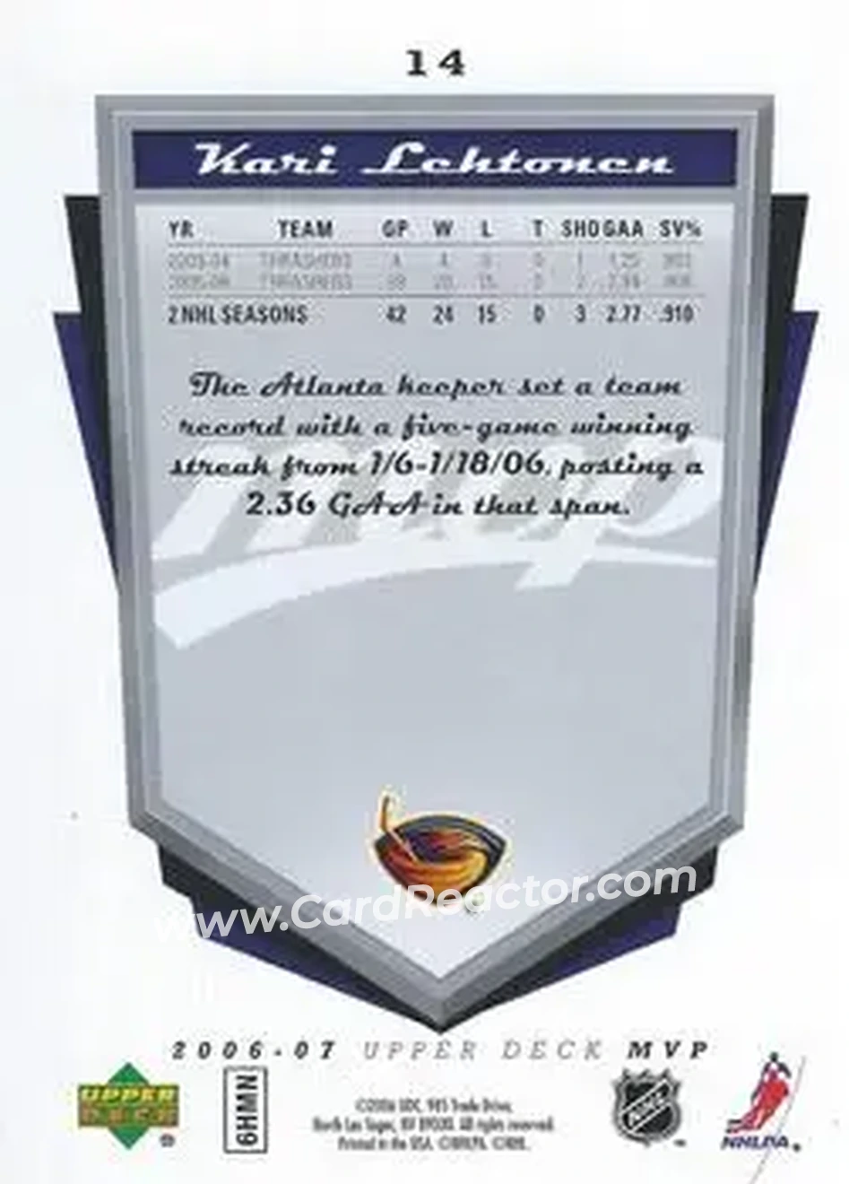 2006-07 Upper Deck MVP #14 - Kari Lehtonen - Atlanta Thrashers - Back