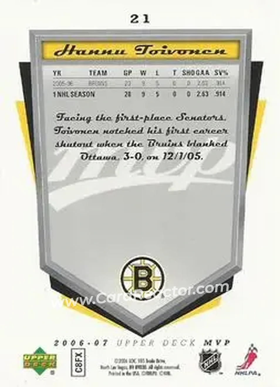 2006-07 Upper Deck MVP #21 - Hannu Toivonen - Boston Bruins - Back