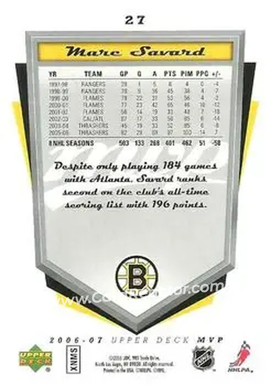 2006-07 Upper Deck MVP #27 - Marc Savard - Boston Bruins - Back