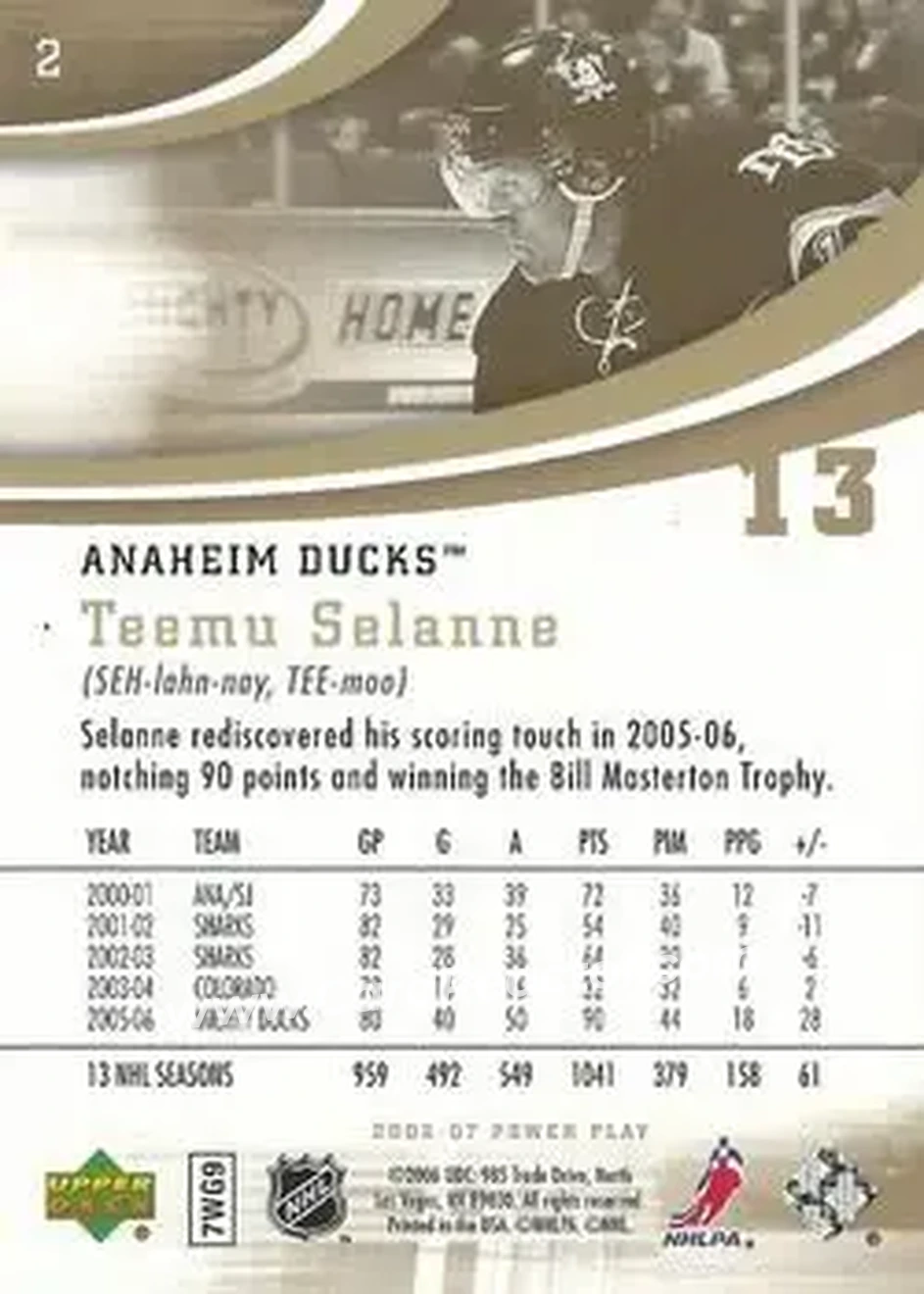2006-07 Upper Deck Power Play #2 - Teemu Selanne - Anaheim Ducks - Back