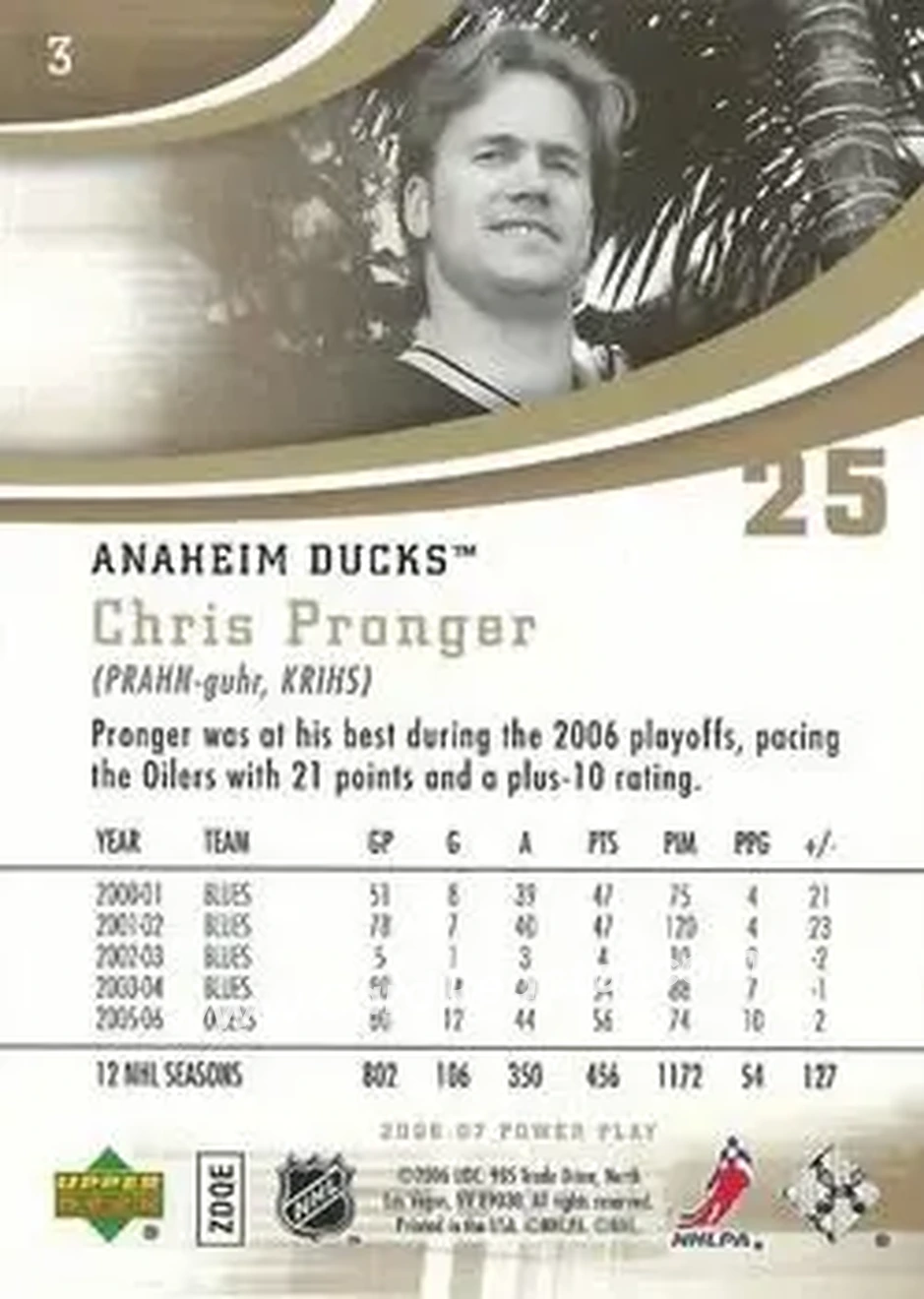 2006-07 Upper Deck Power Play #3 - Chris Pronger - Anaheim Ducks - Back