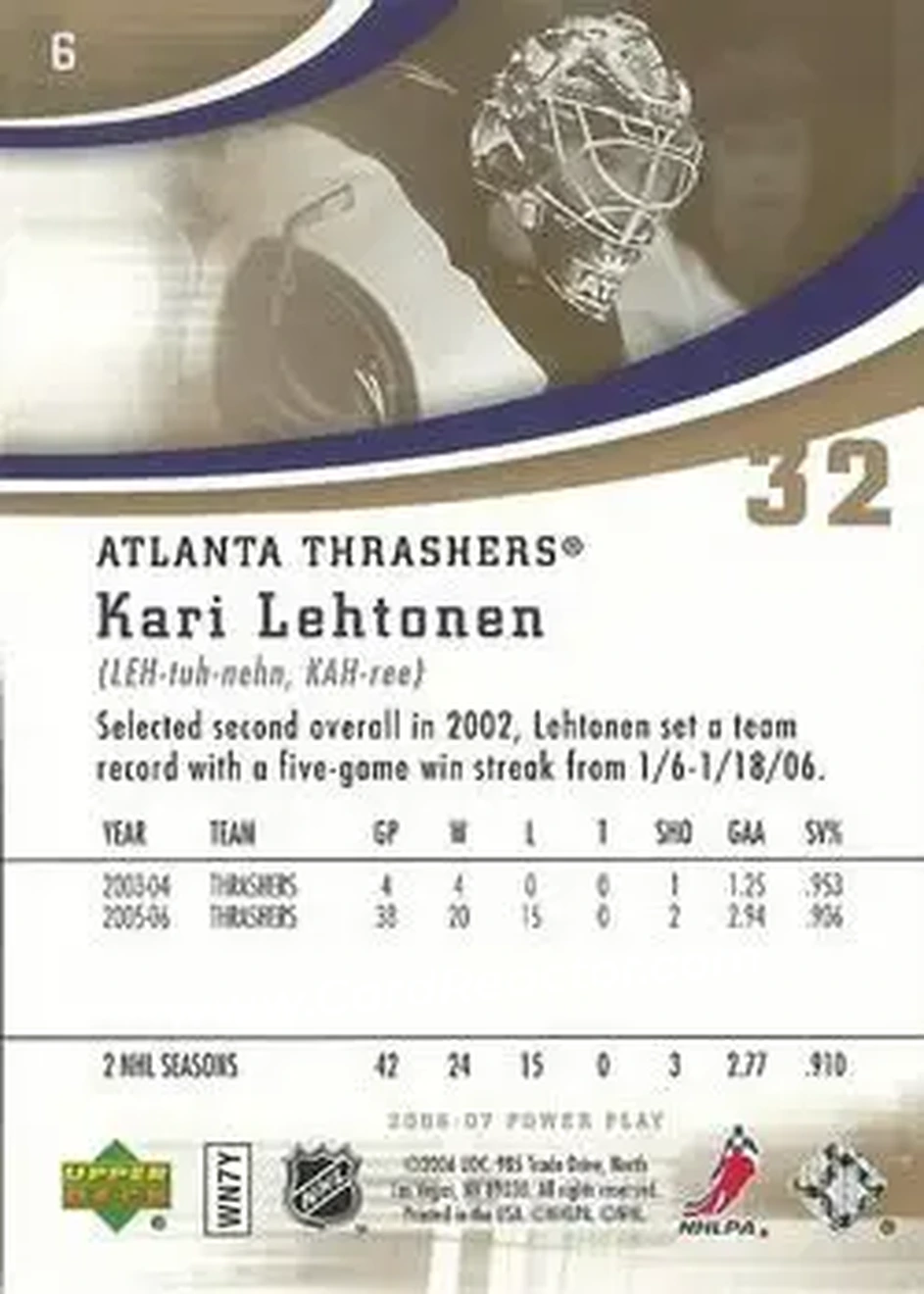 2006-07 Upper Deck Power Play #6 - Kari Lehtonen - Atlanta Thrashers - Back 2006-07 Upper Deck Power Play #6 - Kari Lehtonen - Atlanta Thrashers - Back