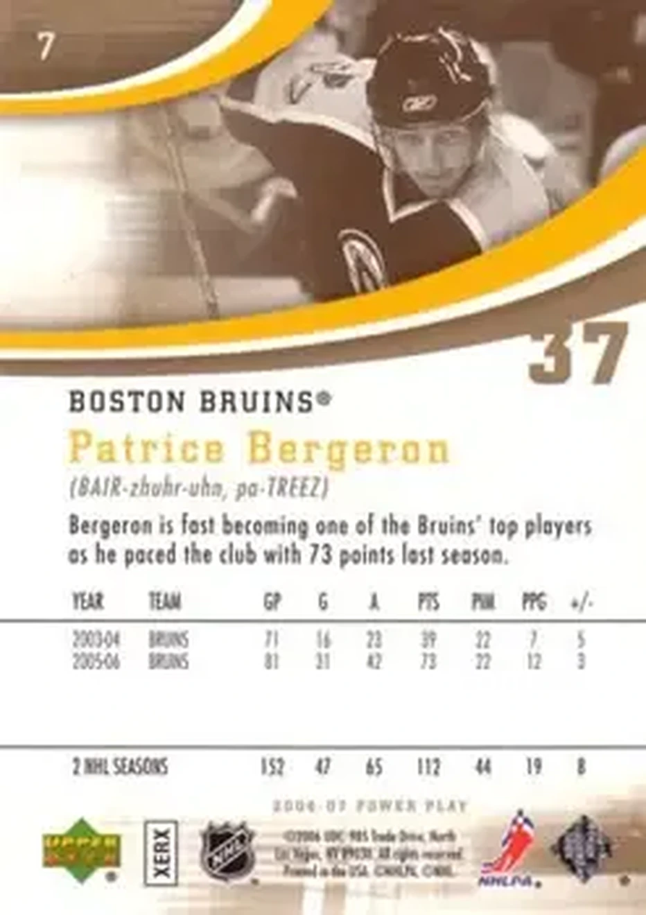 2006-07 Upper Deck Power Play #7 - Patrice Bergeron - Boston Bruins - Back