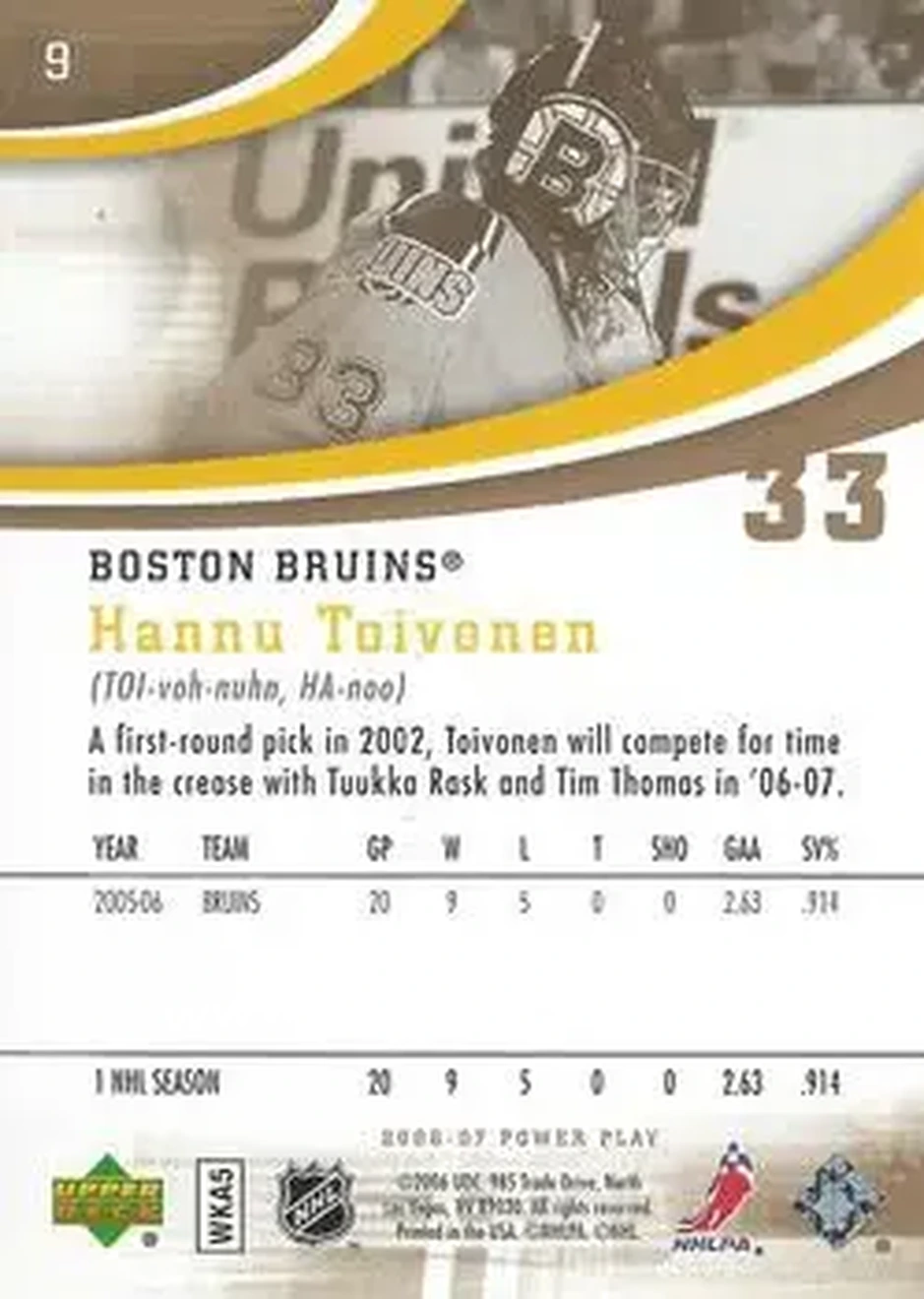 2006-07 Upper Deck Power Play #9 - Hannu Toivonen - Boston Bruins - Back