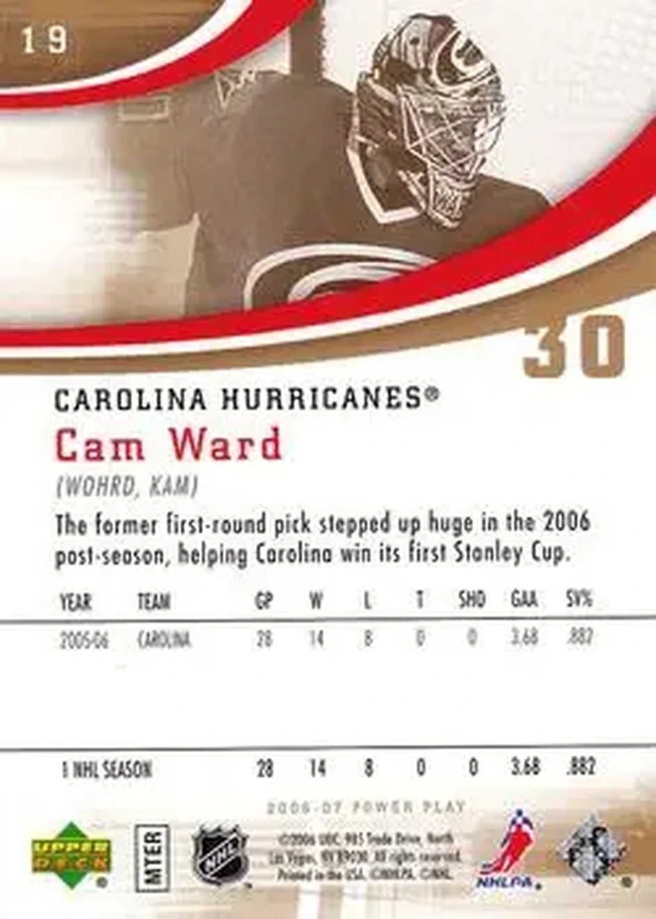 2006-07 Upper Deck Power Play #19 - Cam Ward - Carolina Hurricanes - Back 2006-07 Upper Deck Power Play #19 - Cam Ward - Carolina Hurricanes - Back