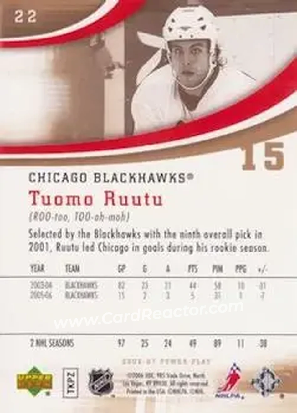 2006-07 Upper Deck Power Play #22 - Tuomo Ruutu - Chicago Blackhawks - Back 2006-07 Upper Deck Power Play #22 - Tuomo Ruutu - Chicago Blackhawks - Back