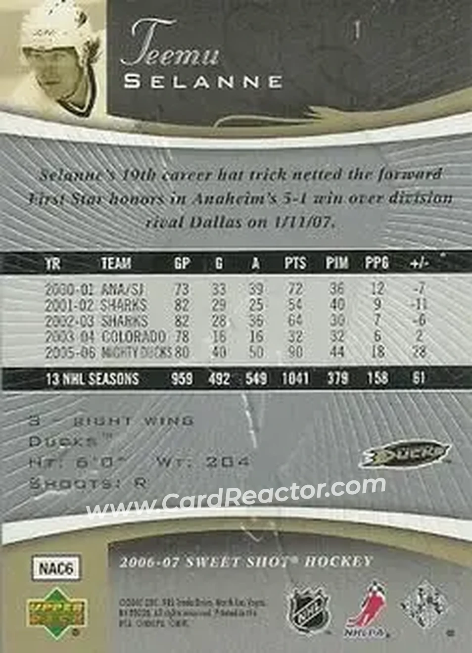 2006-07 Upper Deck Sweet Shot #1 - Teemu Selanne - Anaheim Ducks - Back
