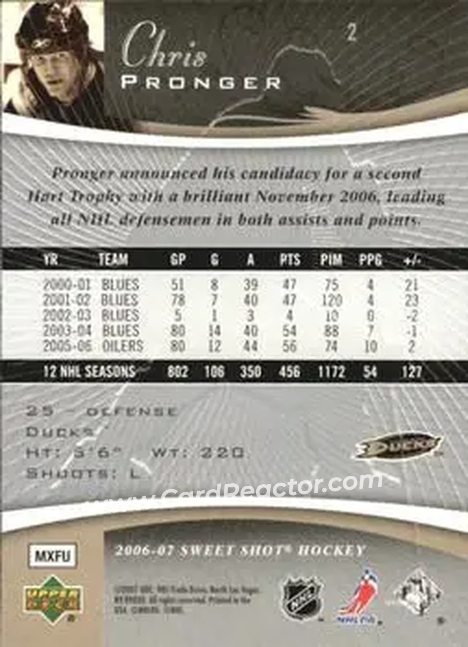 2006-07 Upper Deck Sweet Shot #2 - Chris Pronger - Anaheim Ducks - Back