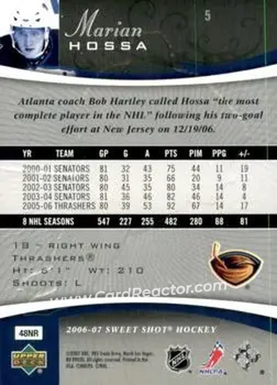 2006-07 Upper Deck Sweet Shot #5 - Marian Hossa - Atlanta Thrashers - Back