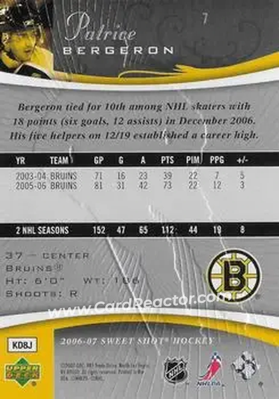 2006-07 Upper Deck Sweet Shot #7 - Patrice Bergeron - Boston Bruins - Back