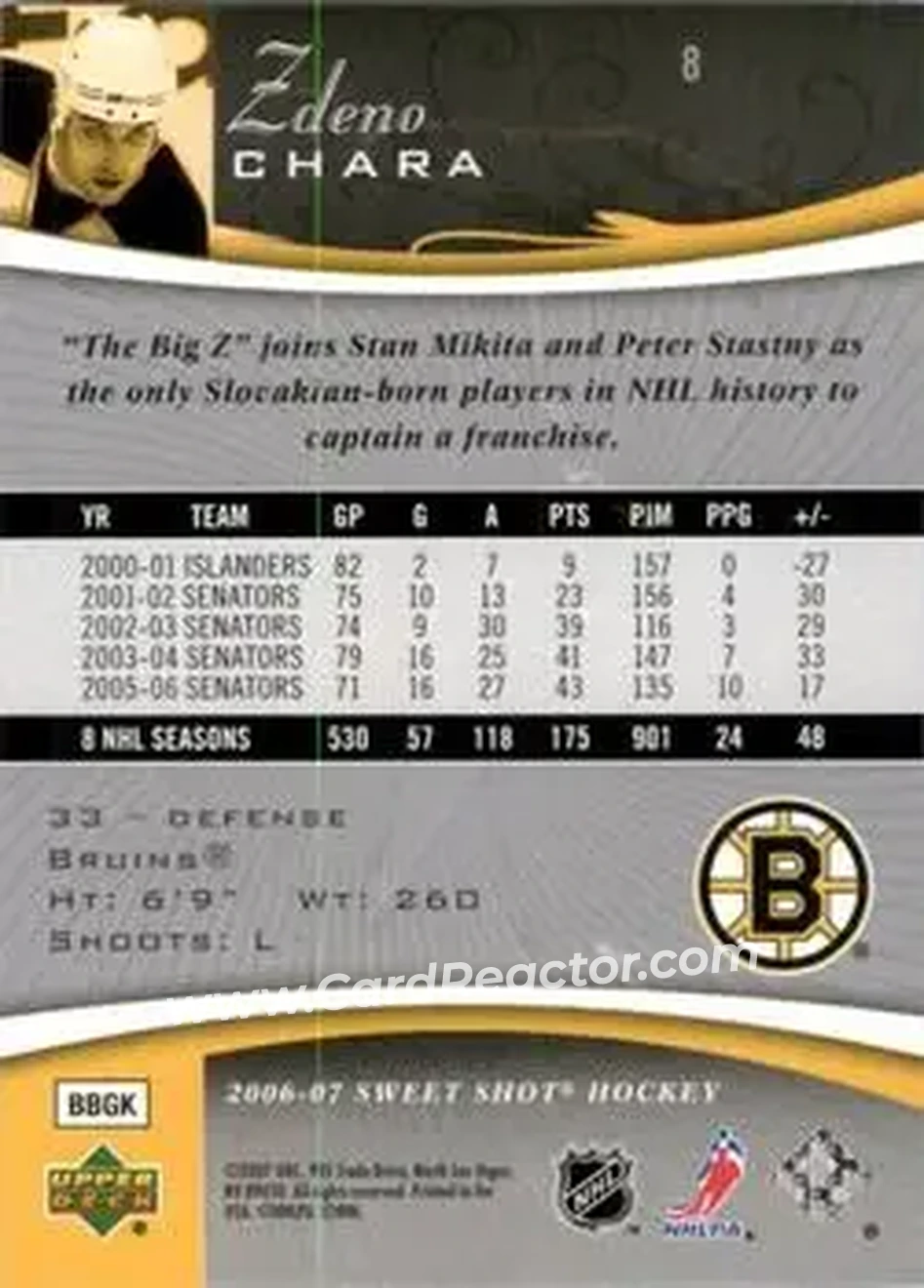 2006-07 Upper Deck Sweet Shot #8 - Zdeno Chara - Boston Bruins - Back 2006-07 Upper Deck Sweet Shot #8 - Zdeno Chara - Boston Bruins - Back