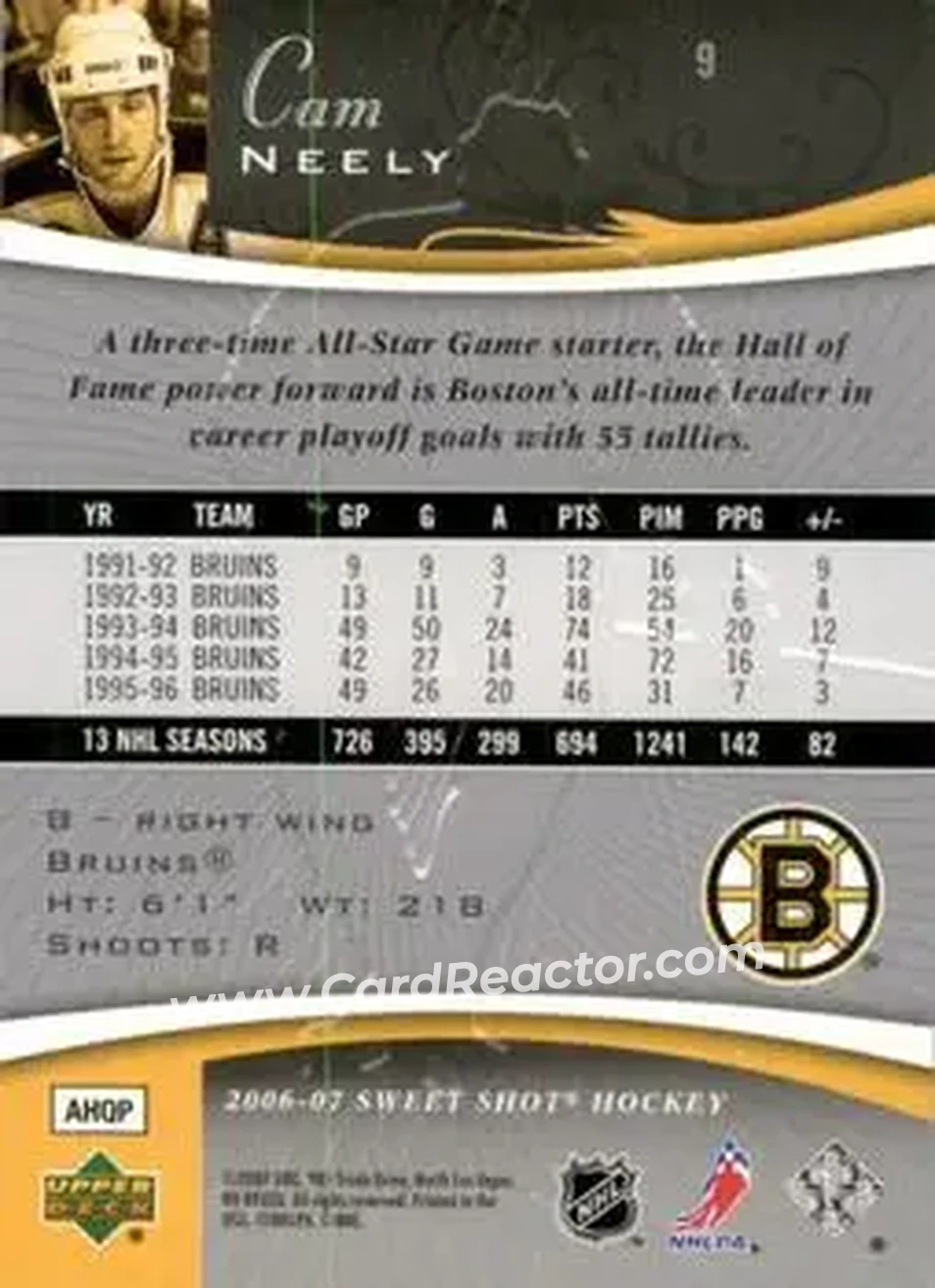 2006-07 Upper Deck Sweet Shot #9 - Cam Neely - Boston Bruins - Back