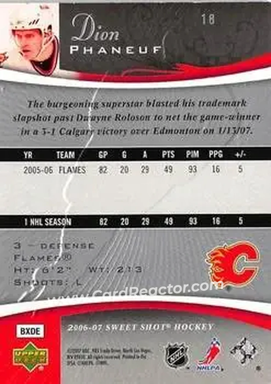 2006-07 Upper Deck Sweet Shot #18 - Dion Phaneuf - Calgary Flames - Back