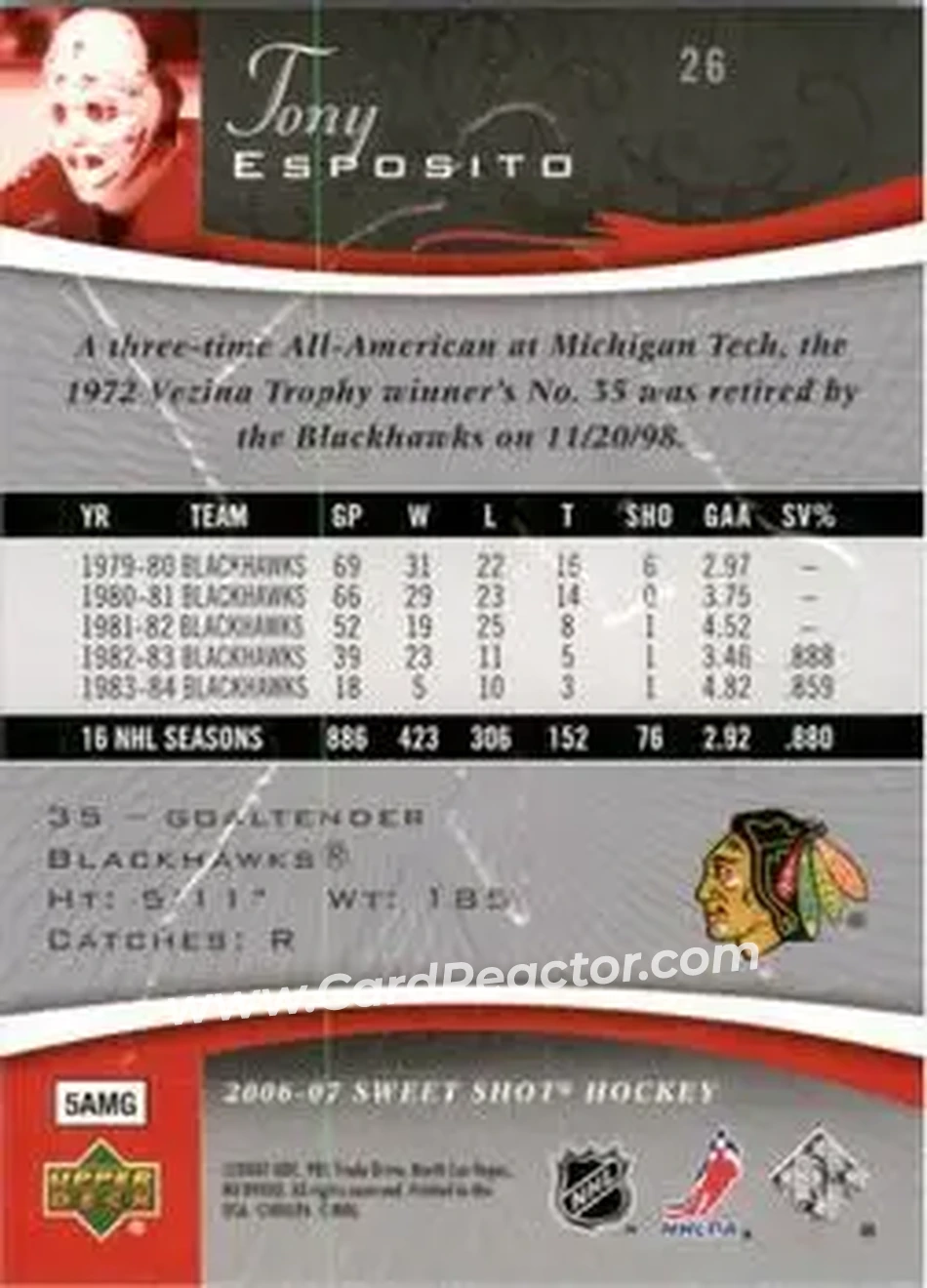 2006-07 Upper Deck Sweet Shot #26 - Tony Esposito - Chicago Blackhawks - Back