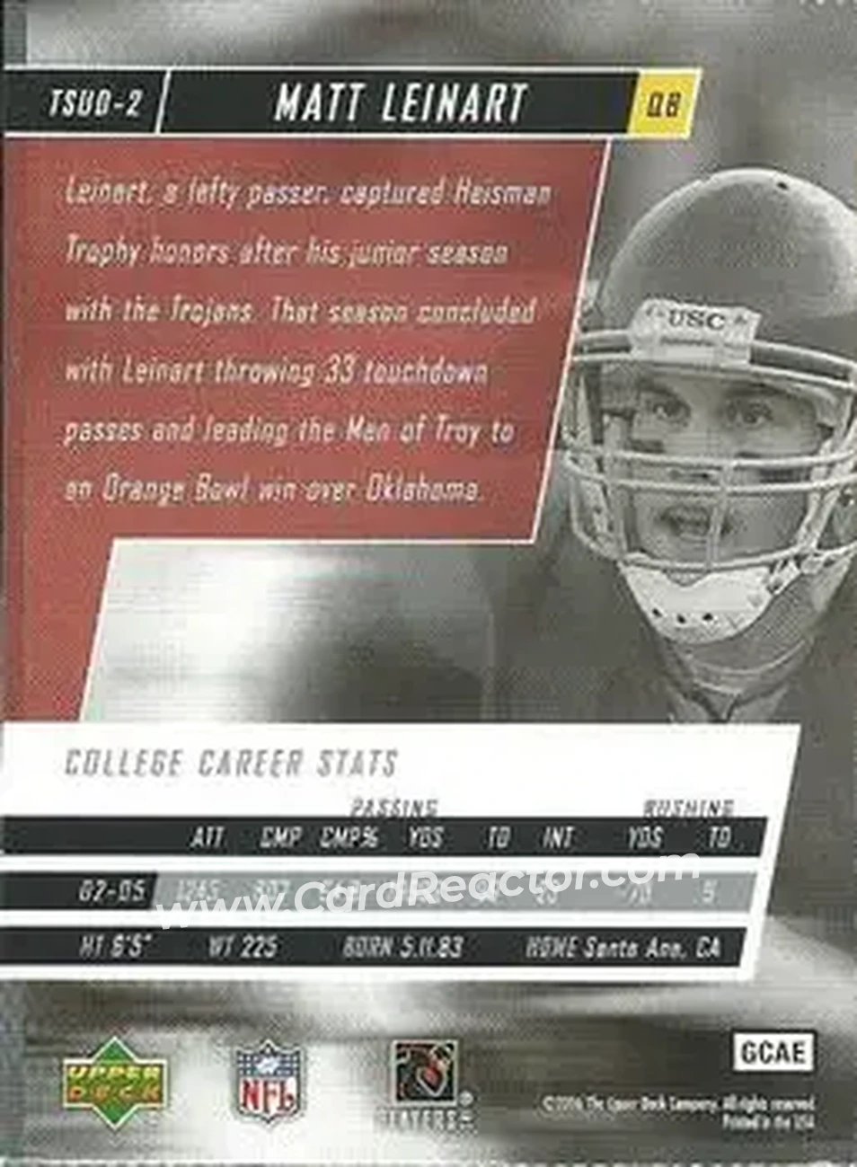 2006 Upper Deck Tuff Stuff #TSUD-2 - Matt Leinart - USC Trojans - Back