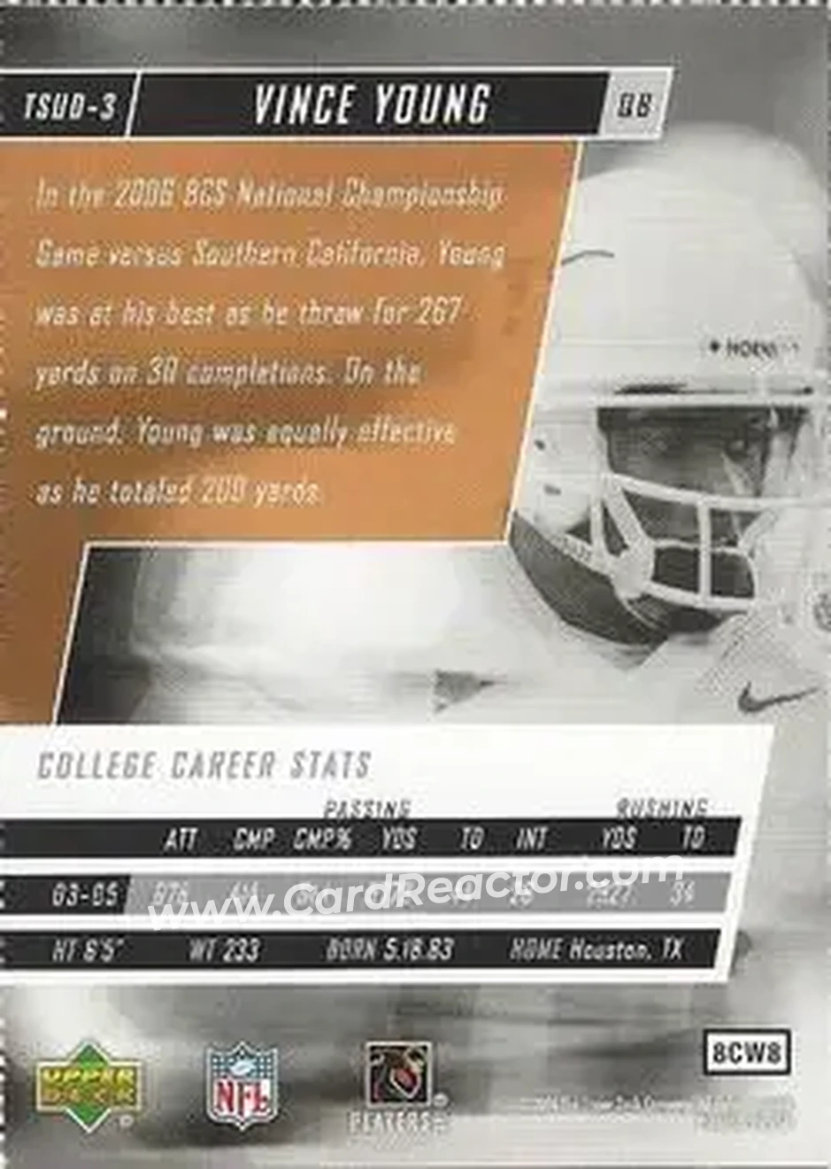 2006 Upper Deck Tuff Stuff #TSUD-3 - Vince Young - Texas Longhorns - Back