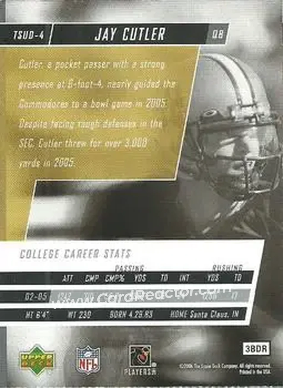 2006 Upper Deck Tuff Stuff #TSUD-4 - Jay Cutler - Vanderbilt Commodores - Back