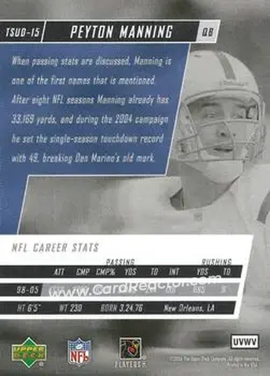 2006 Upper Deck Tuff Stuff #TSUD-15 - Peyton Manning - Indianapolis Colts - Back 2006 Upper Deck Tuff Stuff #TSUD-15 - Peyton Manning - Indianapolis Colts - Back