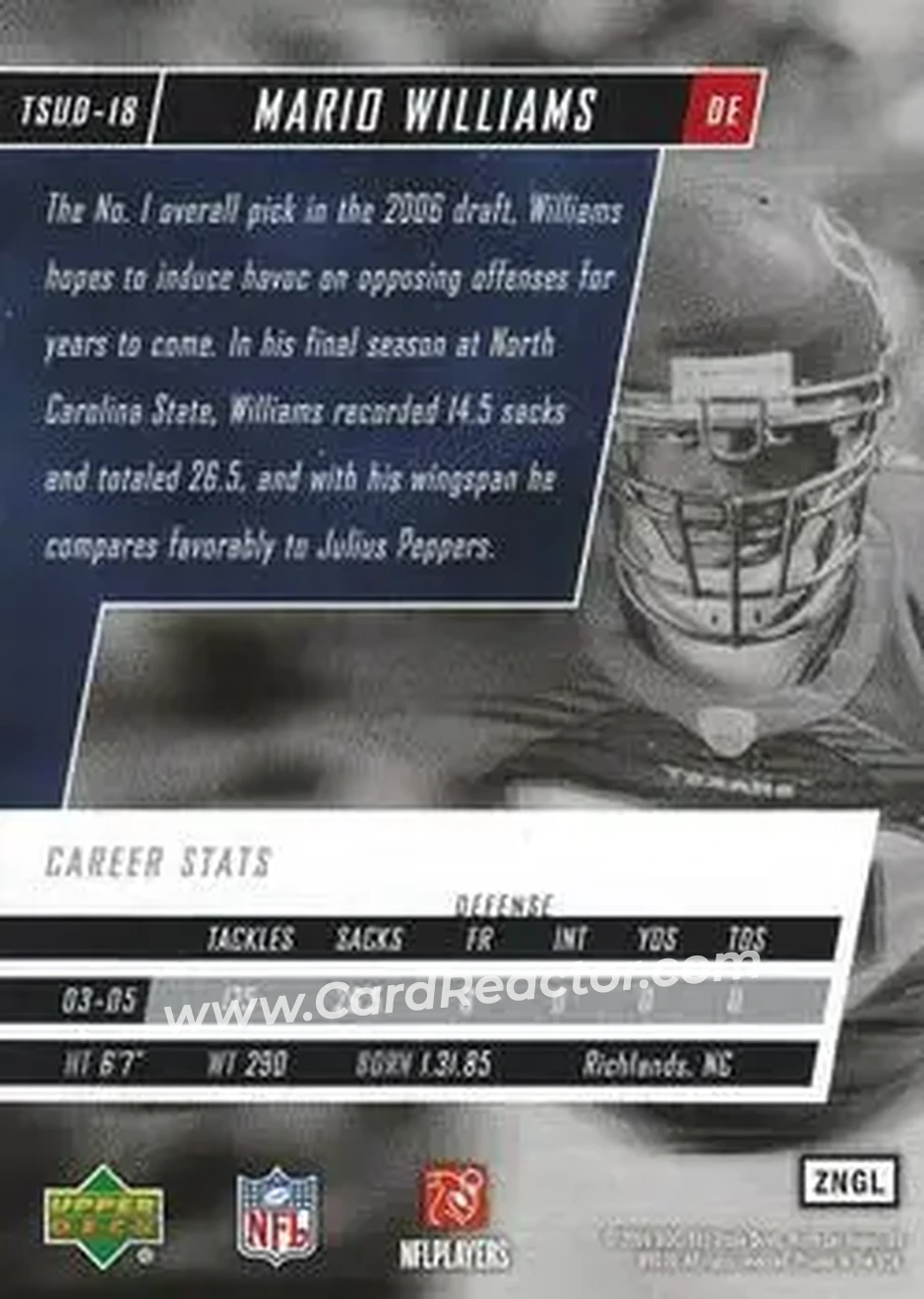 2006 Upper Deck Tuff Stuff #TSUD-18 - Mario Williams - Houston Texans - Back