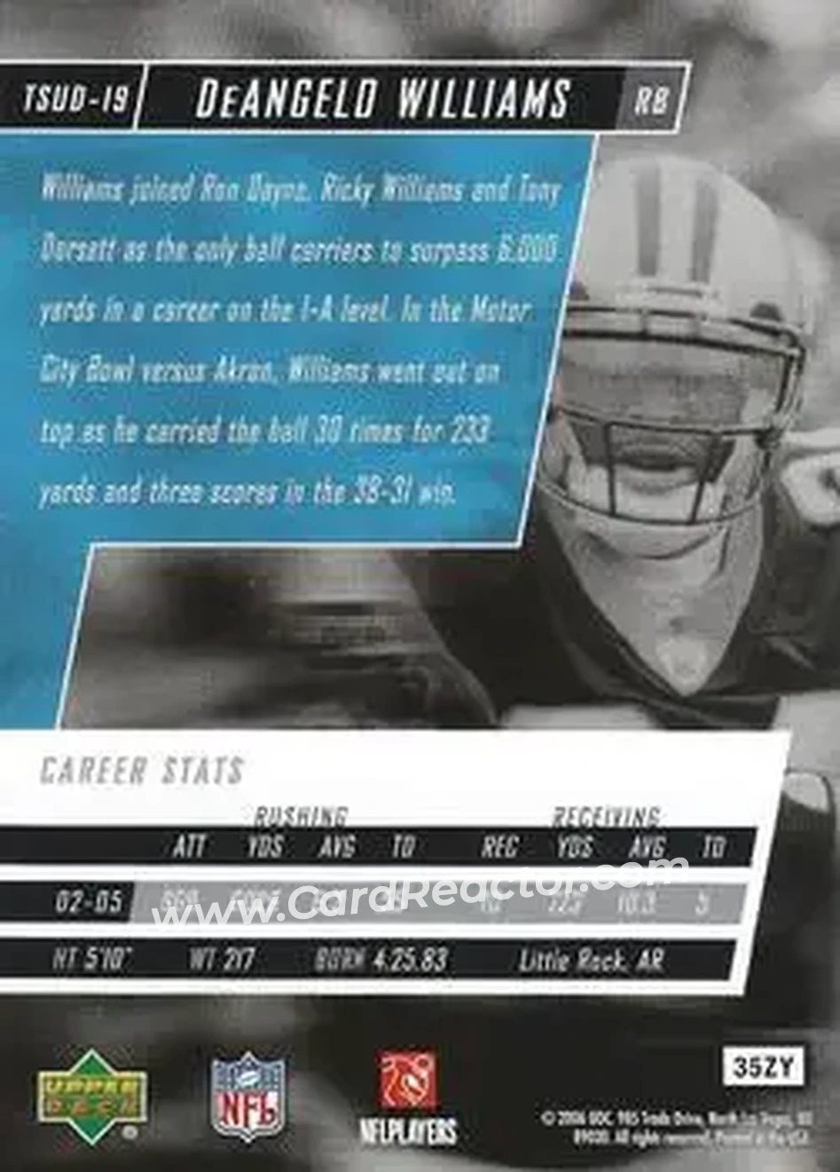 2006 Upper Deck Tuff Stuff #TSUD-19 - DeAngelo Williams - Carolina Panthers - Back