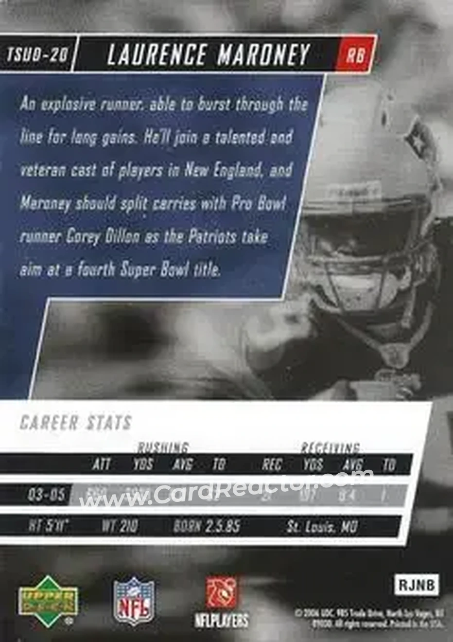 2006 Upper Deck Tuff Stuff #TSUD-20 - Laurence Maroney - New England Patriots - Back 2006 Upper Deck Tuff Stuff #TSUD-20 - Laurence Maroney - New England Patriots - Back