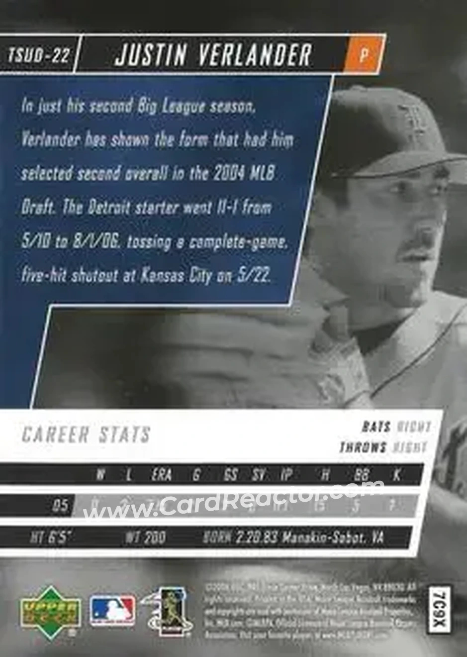 2006 Upper Deck Tuff Stuff #TSUD-22 - Justin Verlander - Detroit Tigers - Back
