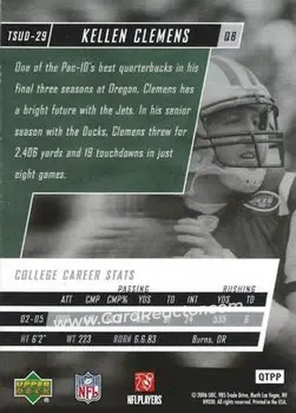 2006 Upper Deck Tuff Stuff #TSUD-29 - Kellen Clemens - New York Jets - Back