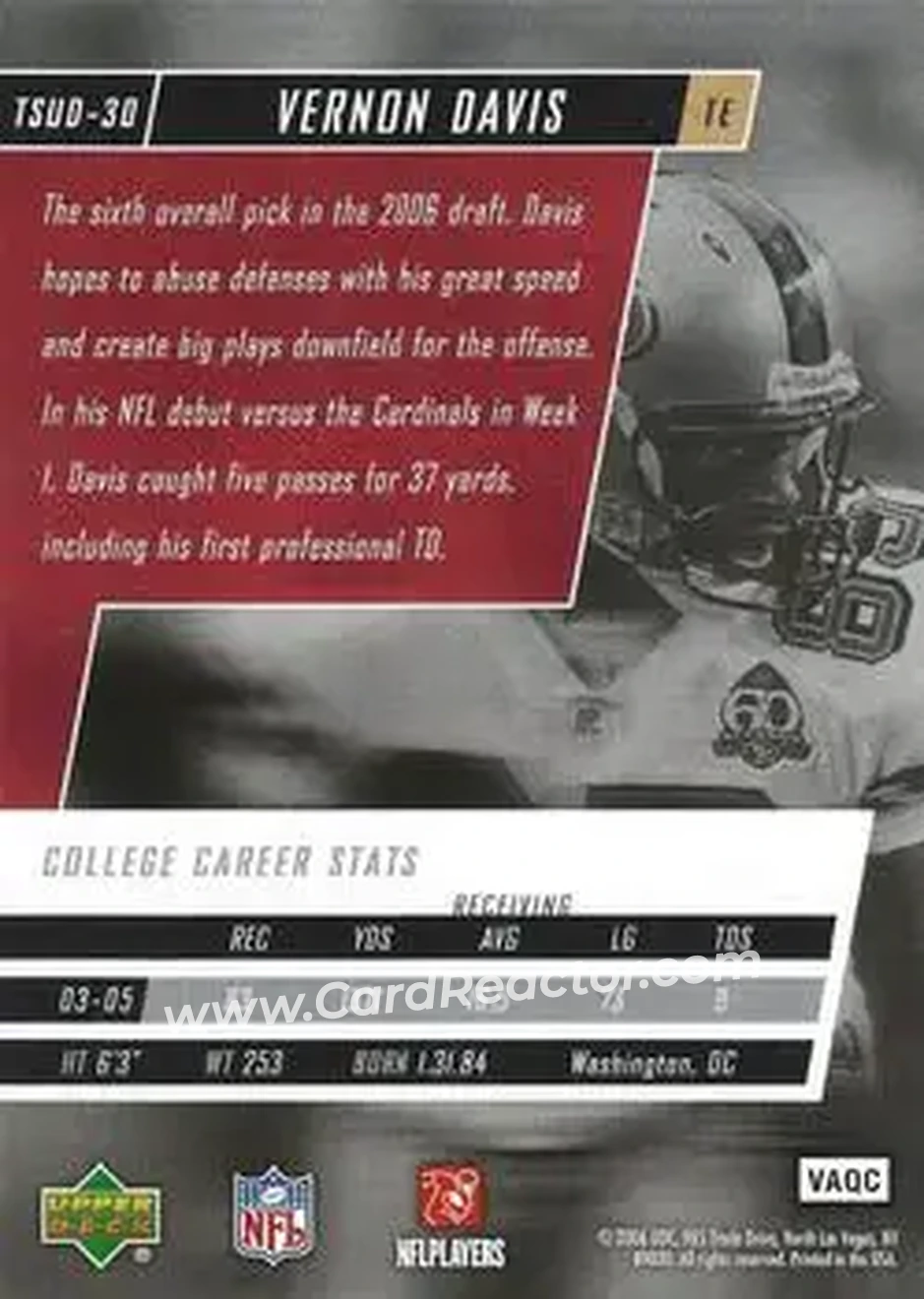 2006 Upper Deck Tuff Stuff #TSUD-30 - Vernon Davis - San Francisco 49ers - Back 2006 Upper Deck Tuff Stuff #TSUD-30 - Vernon Davis - San Francisco 49ers - Back