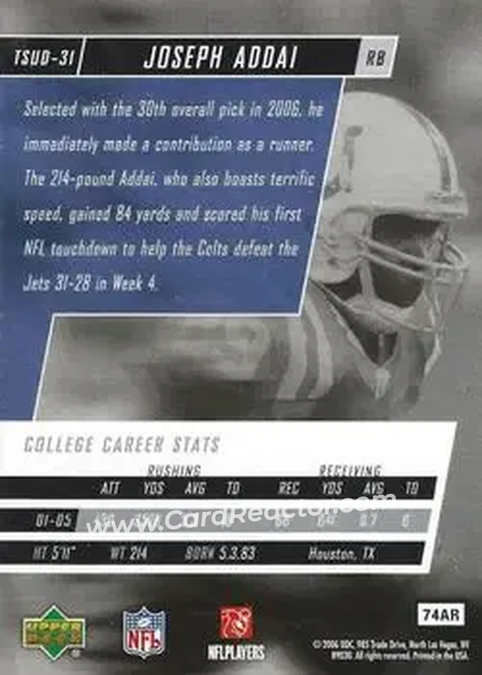 2006 Upper Deck Tuff Stuff #TSUD-31 - Joseph Addai - Indianapolis Colts - Back