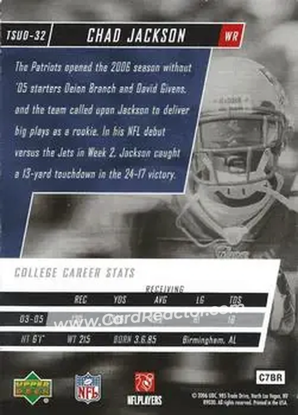 2006 Upper Deck Tuff Stuff #TSUD-32 - Chad Jackson - New England Patriots - Back