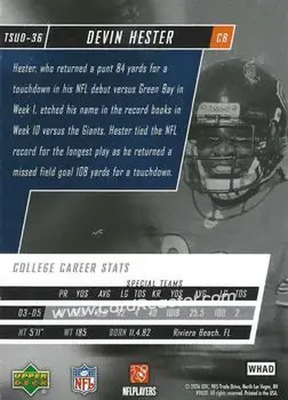 2006 Upper Deck Tuff Stuff #TSUD-36 - Devin Hester - Chicago Bears - Back 2006 Upper Deck Tuff Stuff #TSUD-36 - Devin Hester - Chicago Bears - Back