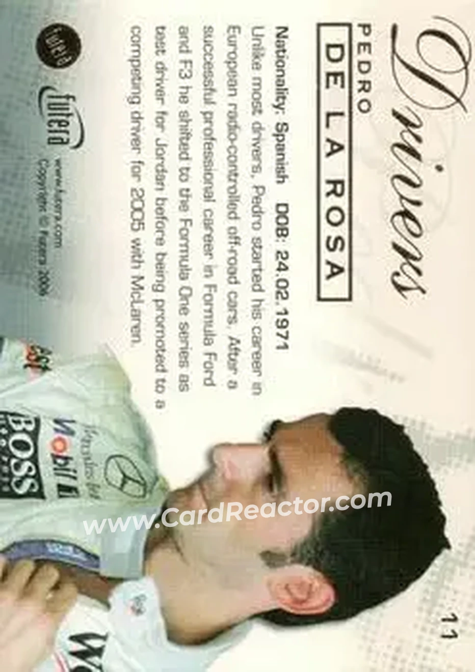 2006 Futera Grand Prix #11 - Pedro de la Rosa - McLaren - Back