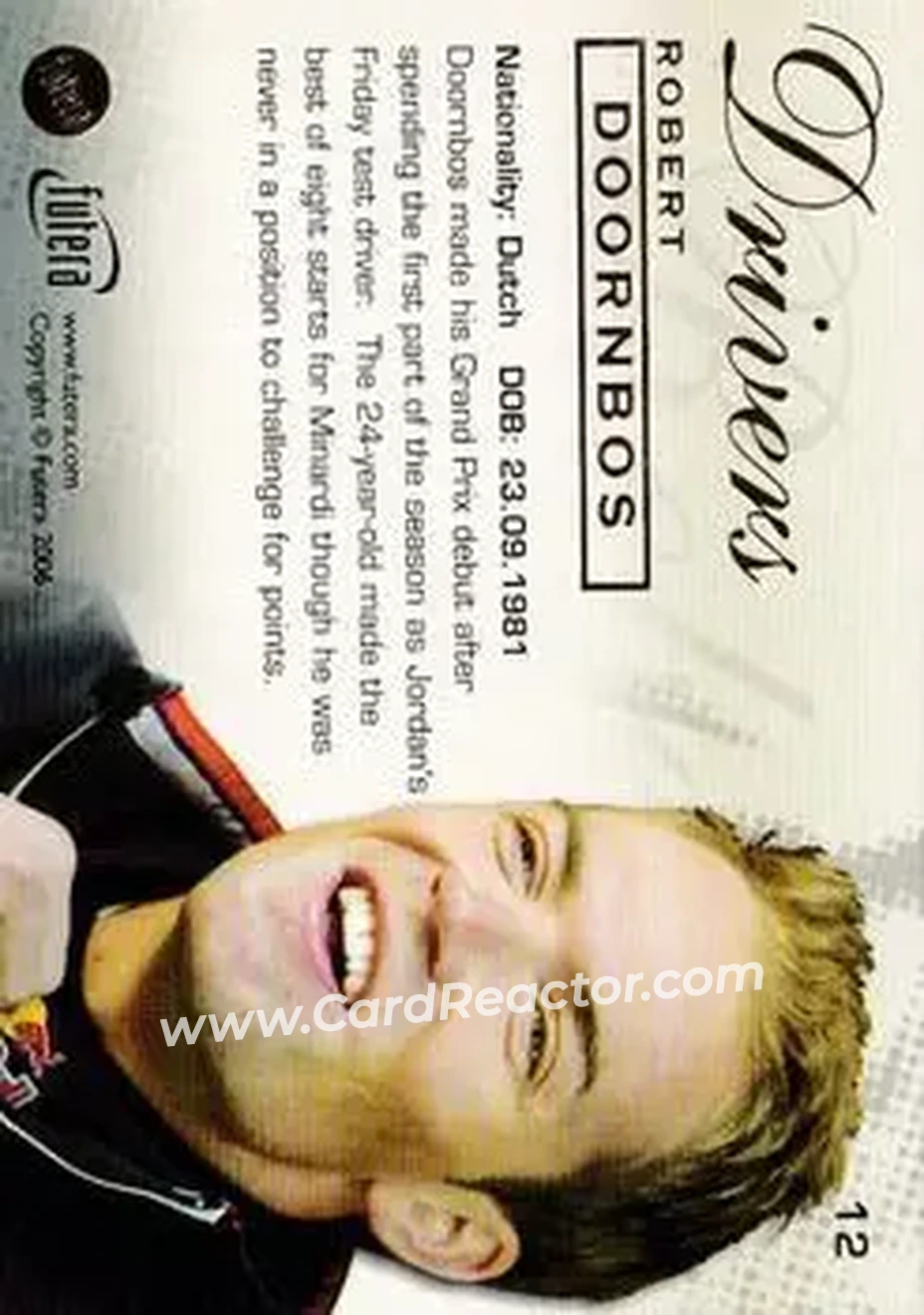 2006 Futera Grand Prix #12 - Robert Doornbos - Scuderia Toro Rosso - Back 2006 Futera Grand Prix #12 - Robert Doornbos - Scuderia Toro Rosso - Back