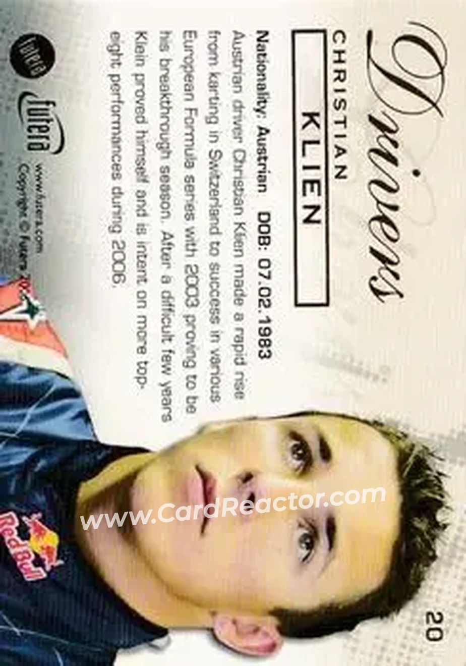 2006 Futera Grand Prix #20 - Christian Klien - Red Bull Racing - Back