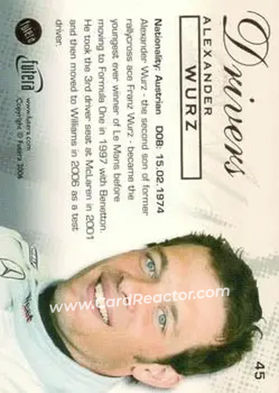 2006 Futera Grand Prix #45 - Alexander Wurz - Williams - Back