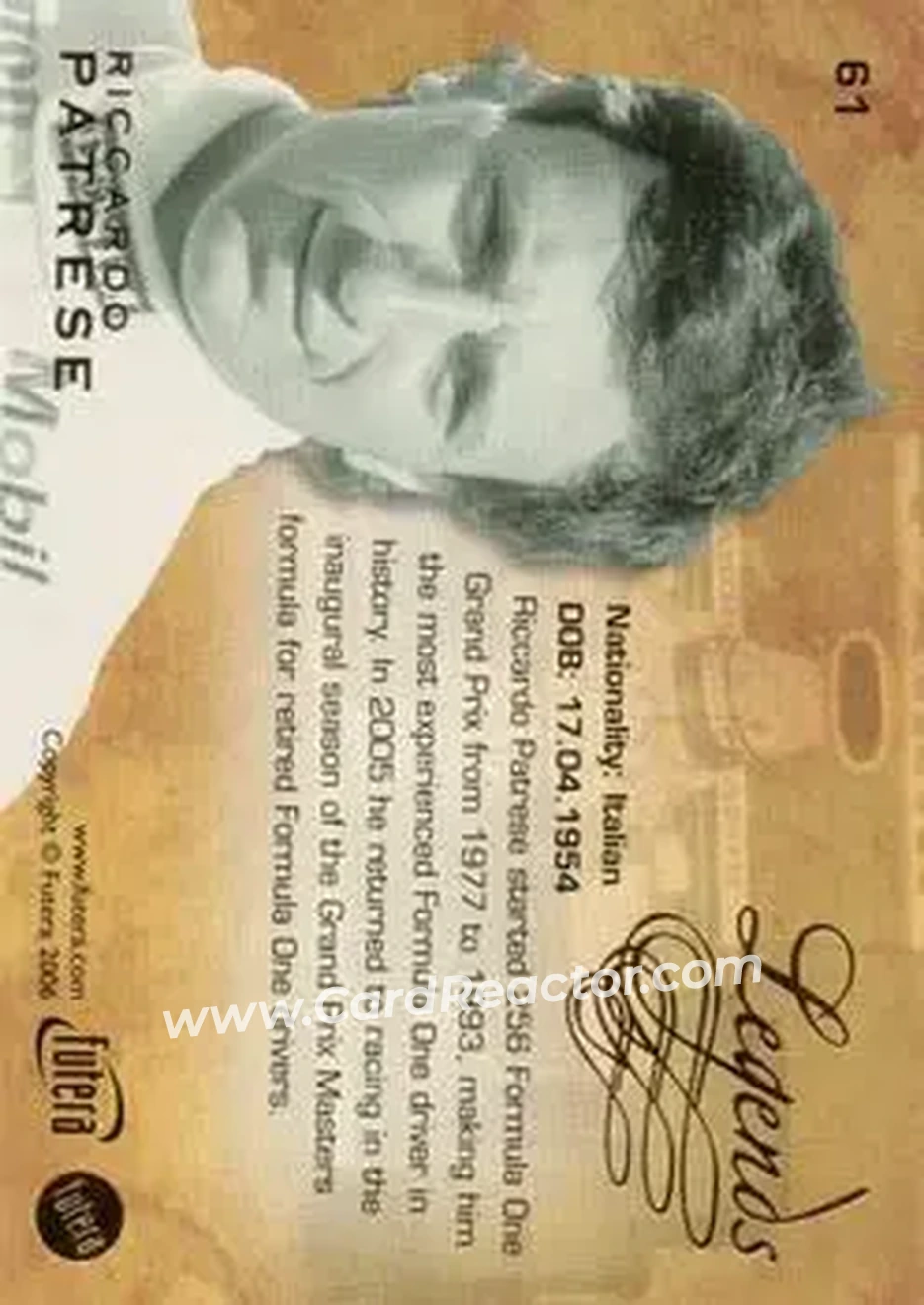 2006 Futera Grand Prix #61 - Riccardo Patrese - Williams - Back