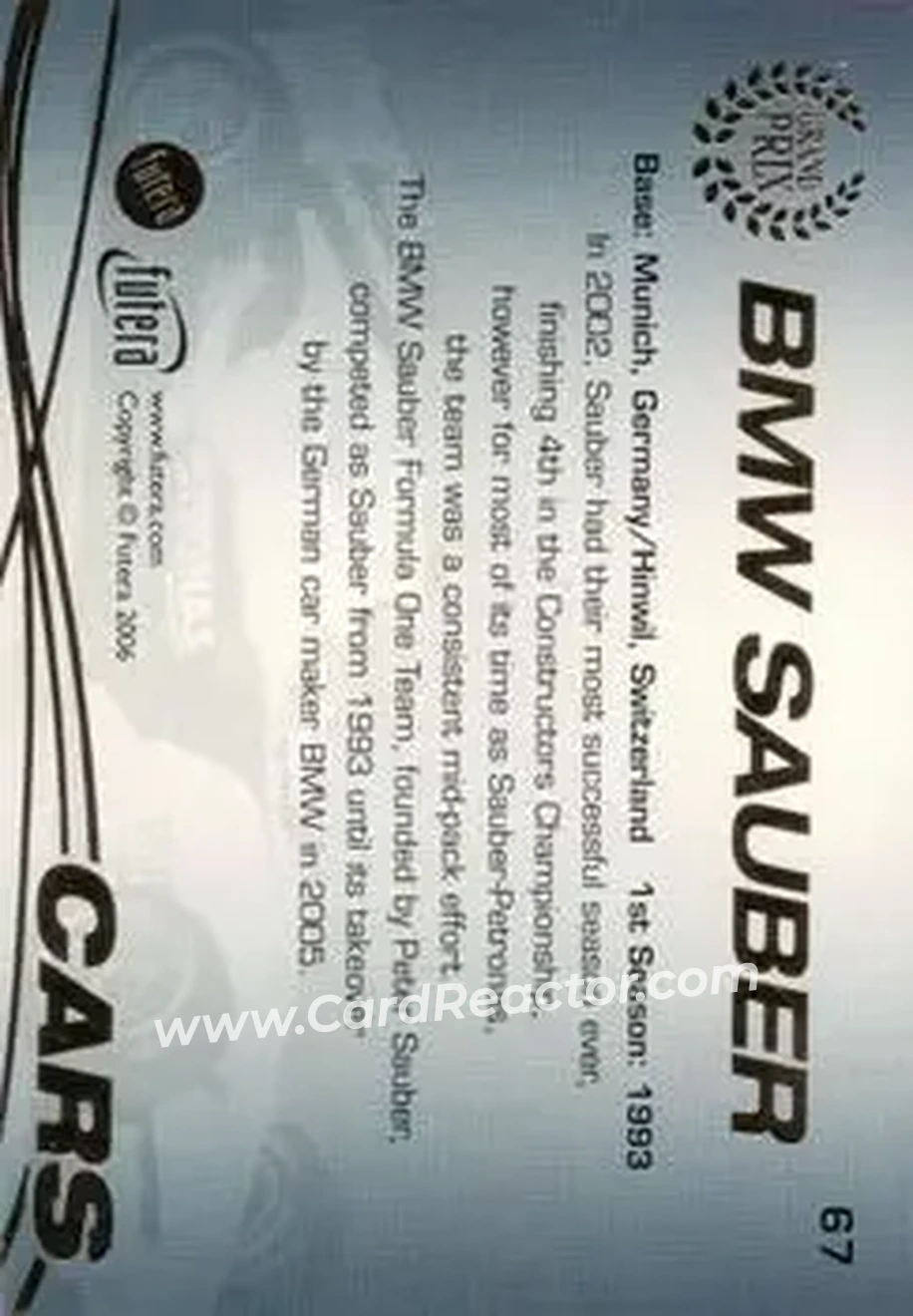 2006 Futera Grand Prix #67 - BMW Sauber - BMW Sauber F1 - Back