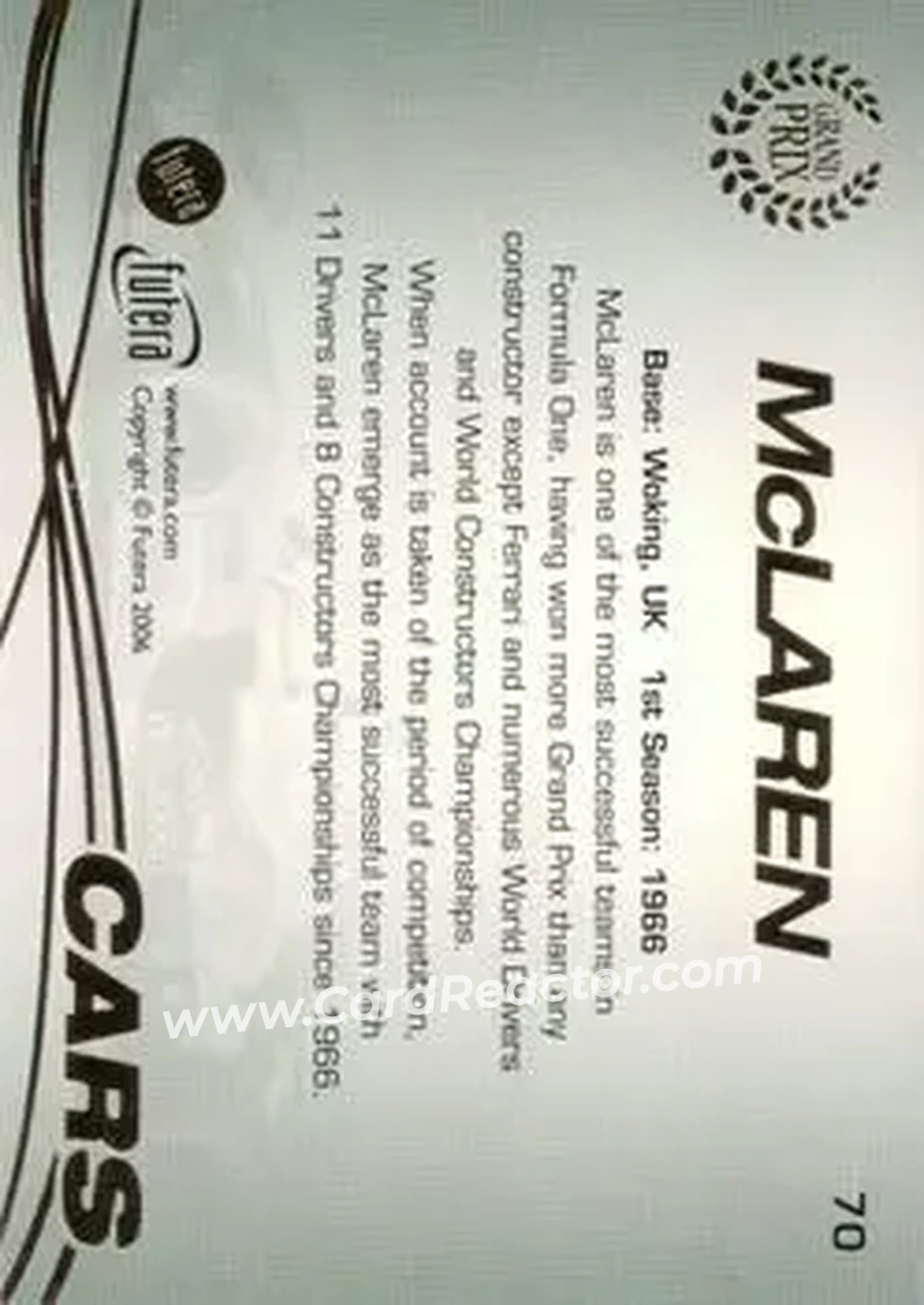 2006 Futera Grand Prix #70 - McLaren - McLaren - Back