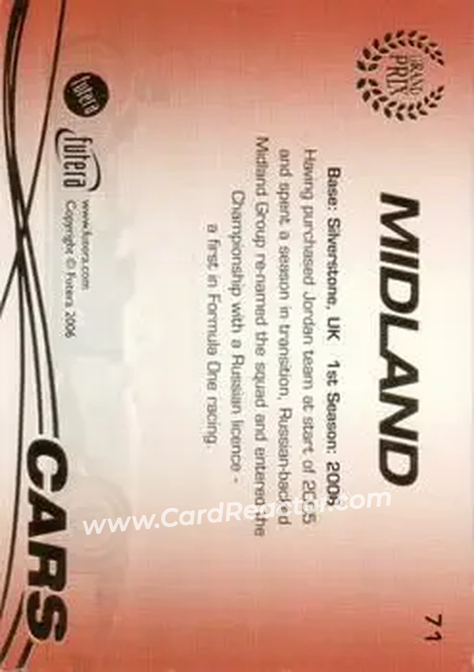 2006 Futera Grand Prix #71 - Midland - Midland F1 Racing - Back