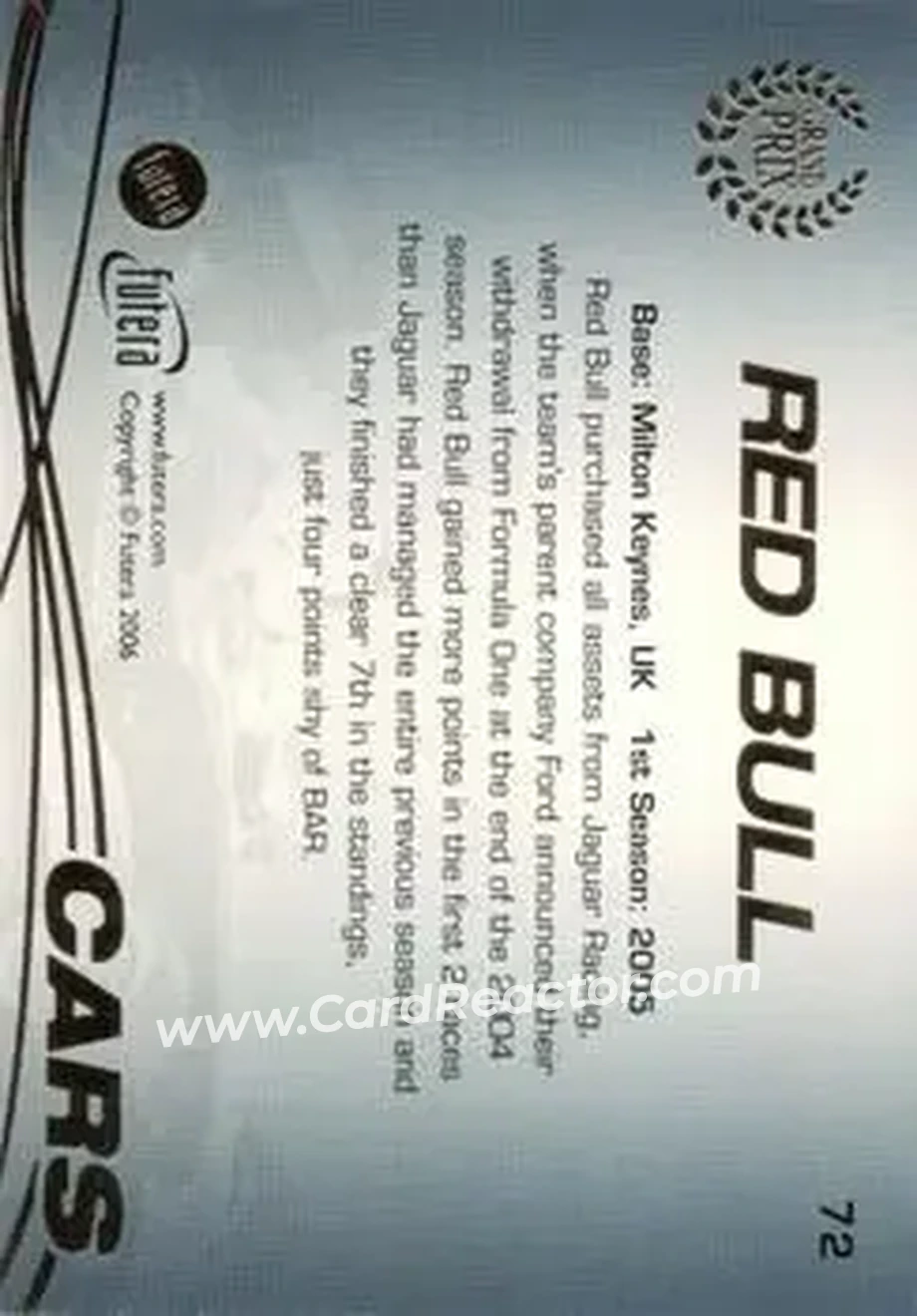 2006 Futera Grand Prix #72 - Red Bull - Red Bull Racing - Back