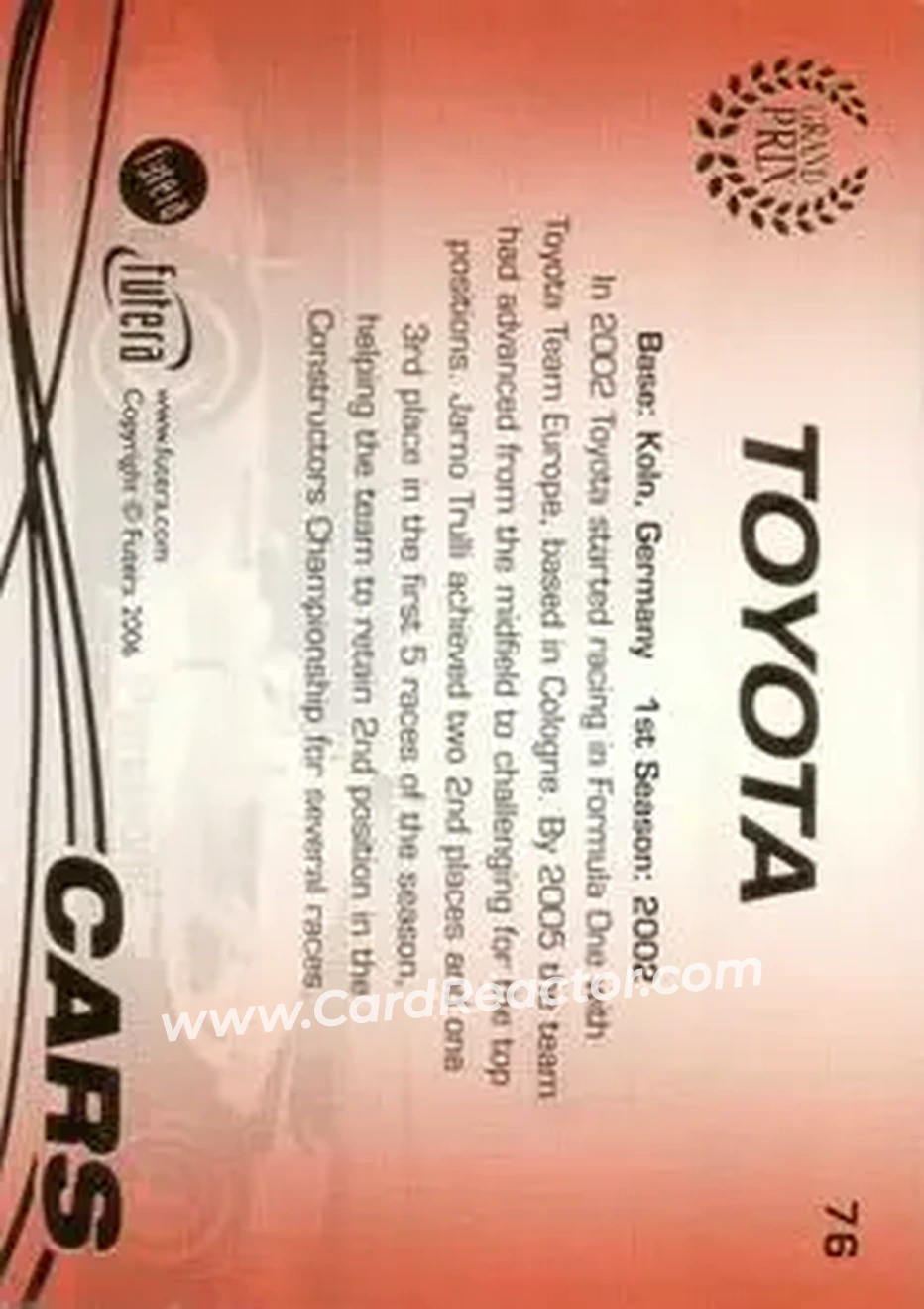 2006 Futera Grand Prix #76 - Toyota - Toyota Racing - Back