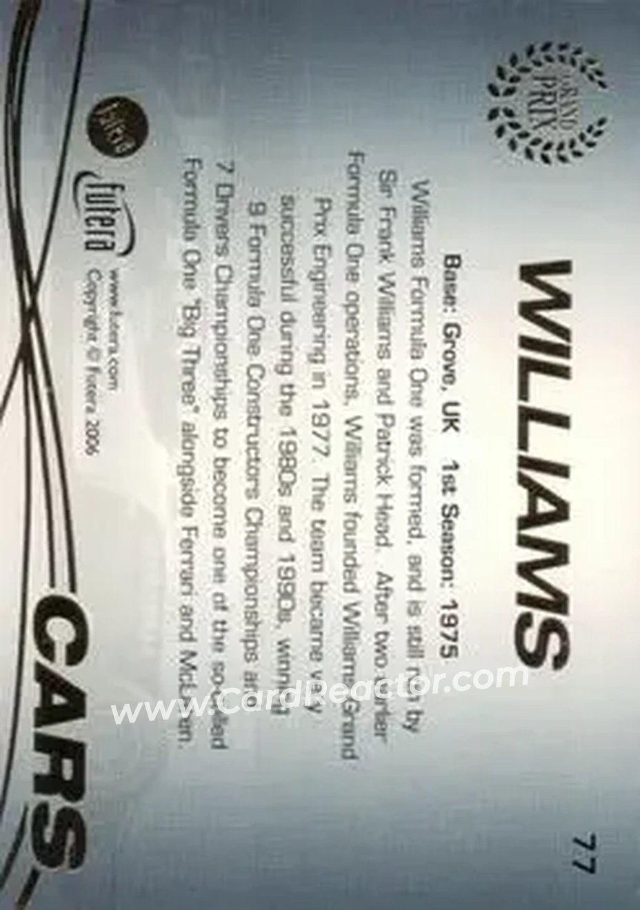 2006 Futera Grand Prix #77 - Williams - Williams - Back