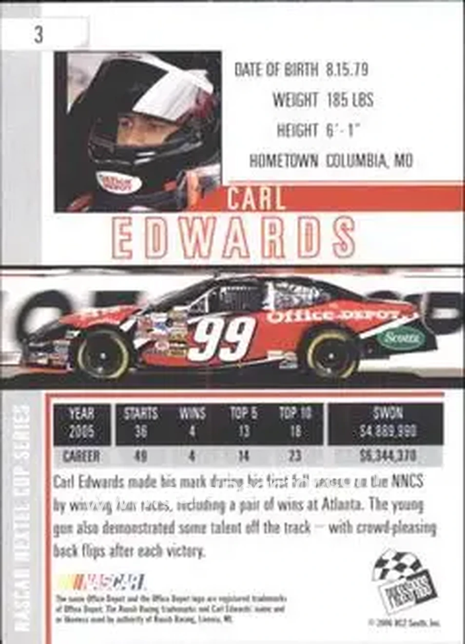 2006 Press Pass Eclipse #3 - Carl Edwards - Roush Racing - Back