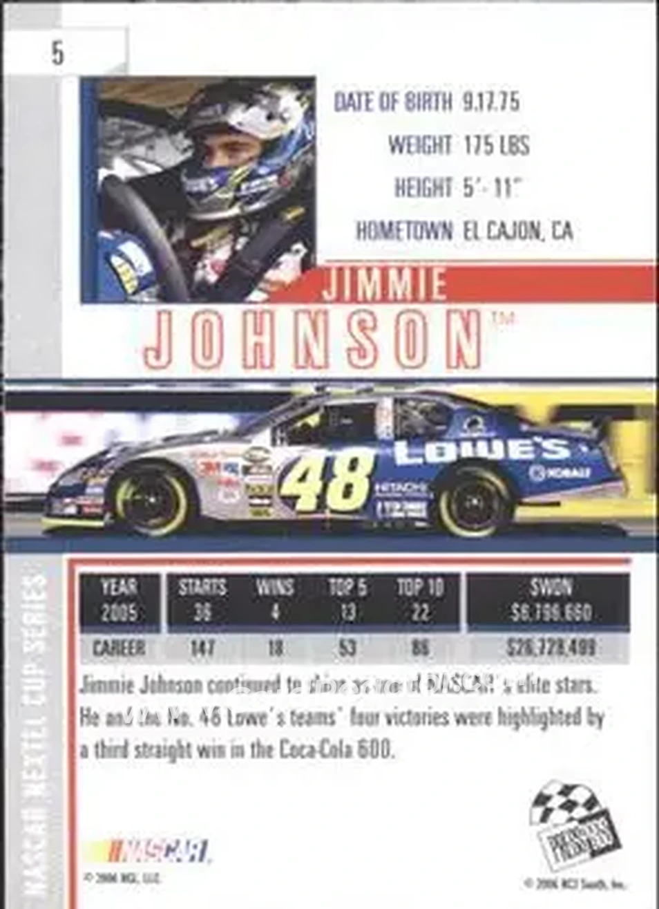 2006 Press Pass Eclipse #5 - Jimmie Johnson - Hendrick Motorsports - Back
